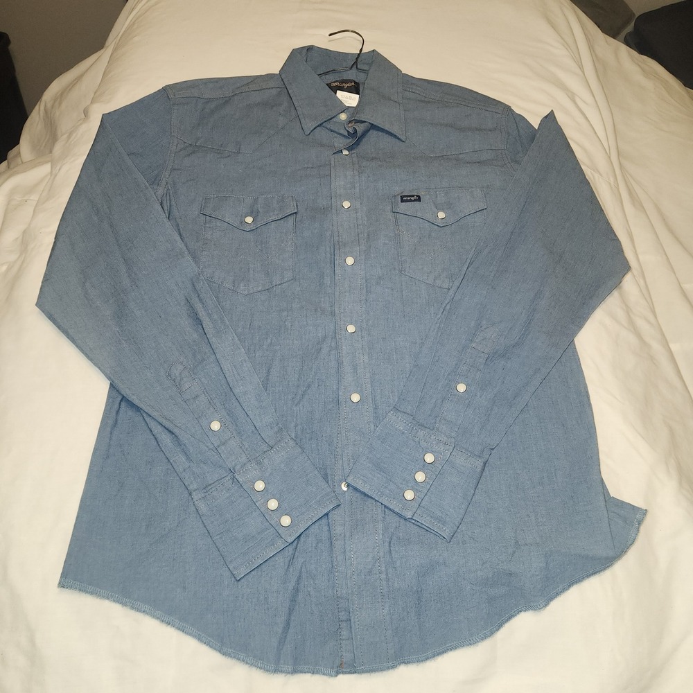 Wrangler Mens Blue Chambray Western Snap Front Long Sleeve Shirt Regular Fit
